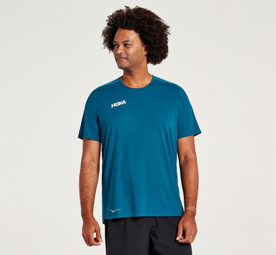 Hoka One One Tops Mens Blue - Performance Short Sleeve - 57629USFO